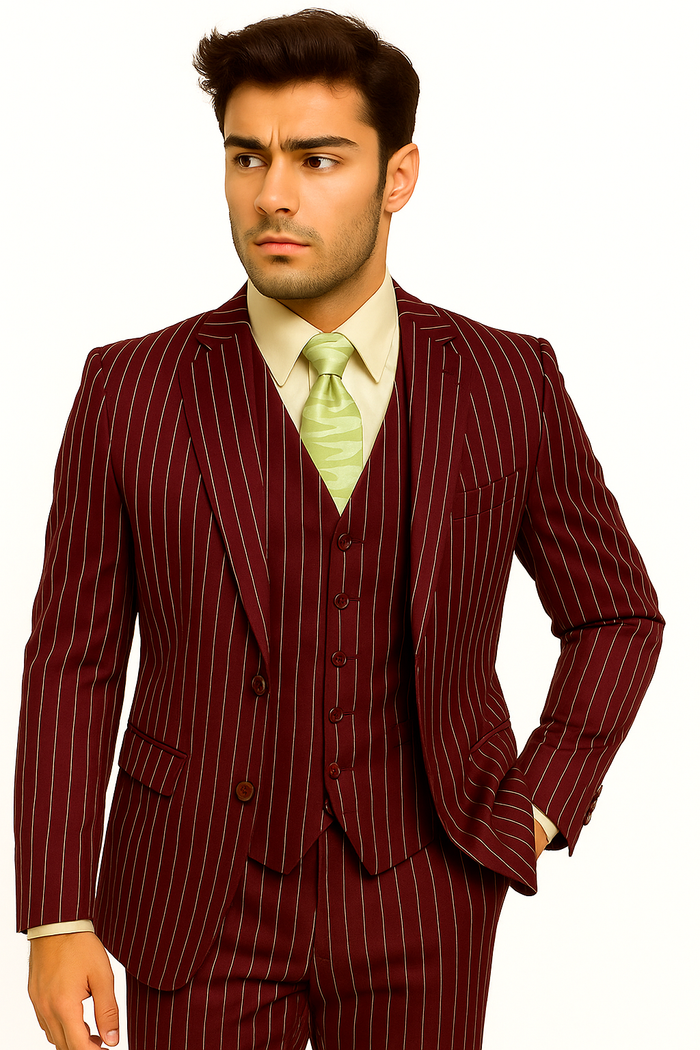 mens-gangster-pinstripe-2-button-double-breasted-vest-suit-in-hunter-or-burgundy Modern Fit
