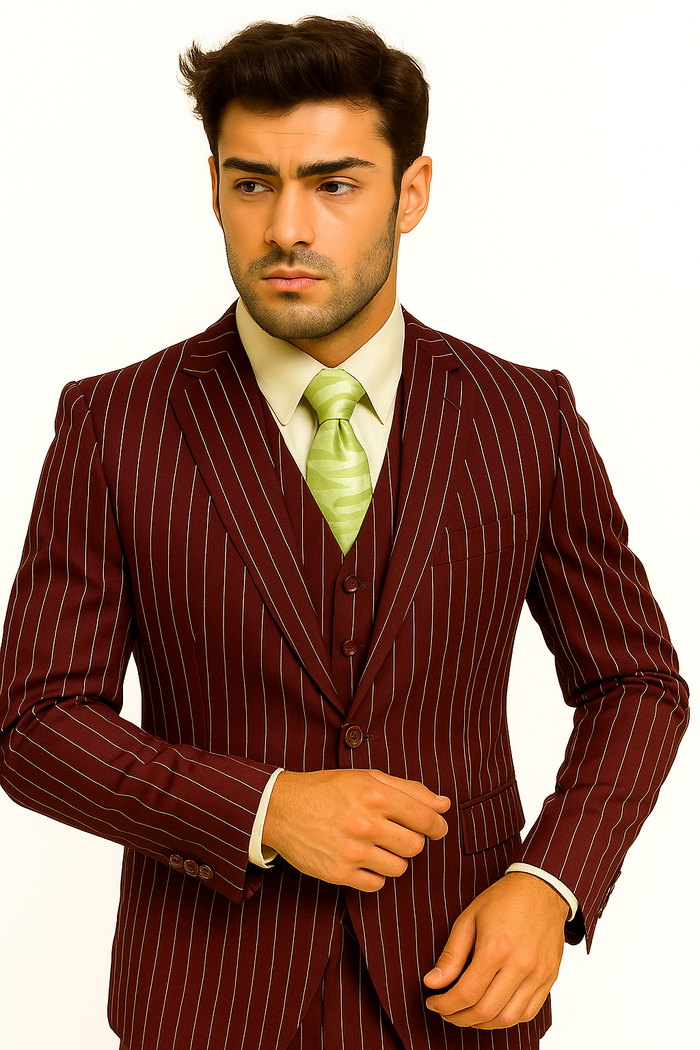 mens-gangster-pinstripe-2-button-double-breasted-vest-suit-in-hunter-or-burgundy Modern Fit