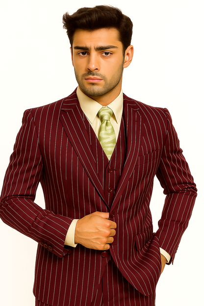 mens-gangster-pinstripe-2-button-double-breasted-vest-suit-in-hunter-or-burgundy Modern Fit