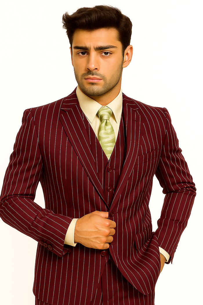 mens-gangster-pinstripe-2-button-double-breasted-vest-suit-in-hunter-or-burgundy Modern Fit