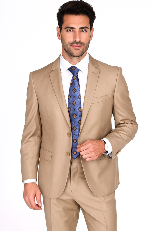 Mantoni Suit - Signature Menswear Wool Fabric SuitsOutlet -  Brand Men's Two Button  Solid Double Vent Camel Suit- High End Suits - High Quality Suits