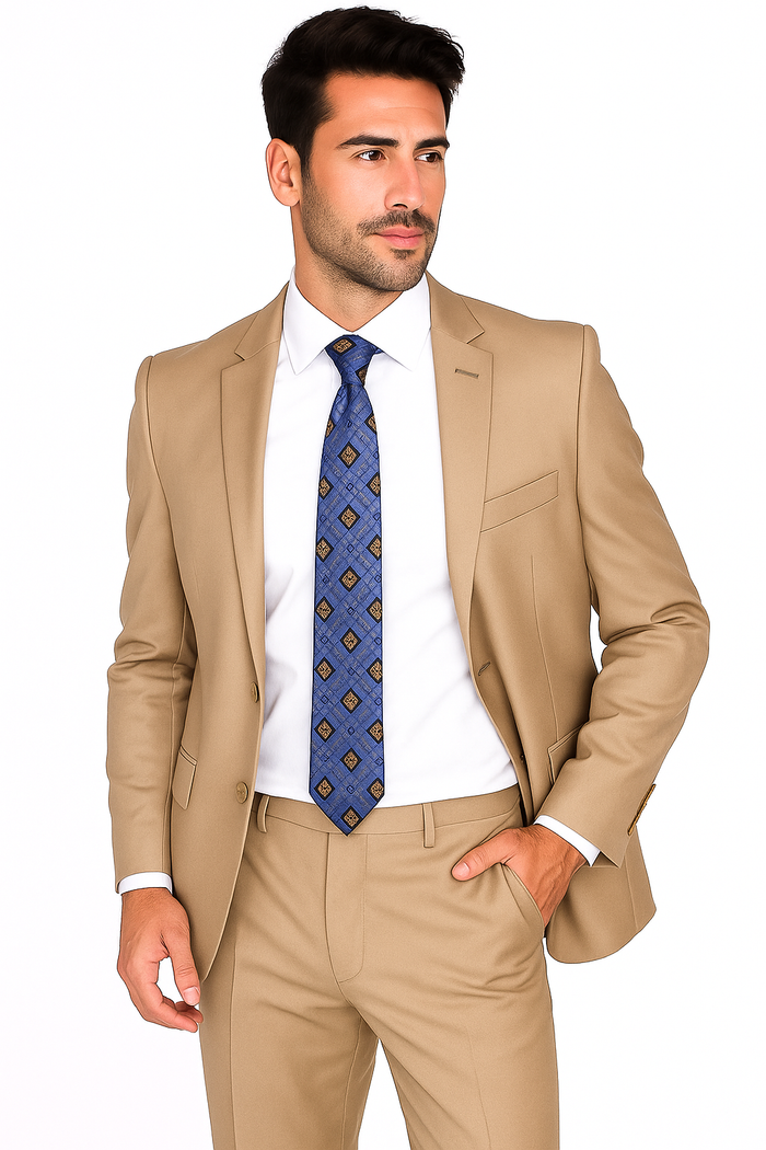 Mantoni Suit - Signature Menswear Wool Fabric SuitsOutlet -  Brand Men's Two Button  Solid Double Vent Camel Suit- High End Suits - High Quality Suits - Image 5