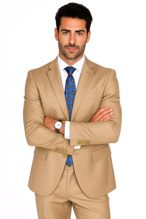 Mantoni Suit - Signature Menswear Wool Fabric SuitsOutlet -  Brand Men's Two Button  Solid Double Vent Camel Suit- High End Suits - High Quality Suits