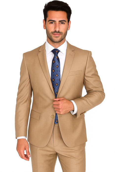 Mantoni Suit - Signature Menswear Wool Fabric SuitsOutlet -  Brand Men's Two Button  Solid Double Vent Camel Suit- High End Suits - High Quality Suits