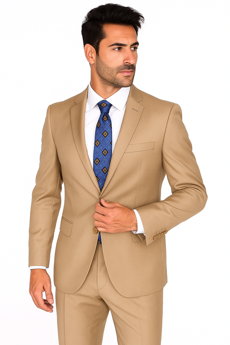 Mantoni Suit - Signature Menswear Wool Fabric SuitsOutlet -  Brand Men's Two Button  Solid Double Vent Camel Suit- High End Suits - High Quality Suits