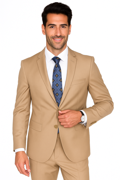 Mantoni Suit - Signature Menswear Wool Fabric SuitsOutlet -  Brand Men's Two Button  Solid Double Vent Camel Suit- High End Suits - High Quality Suits - Image 8
