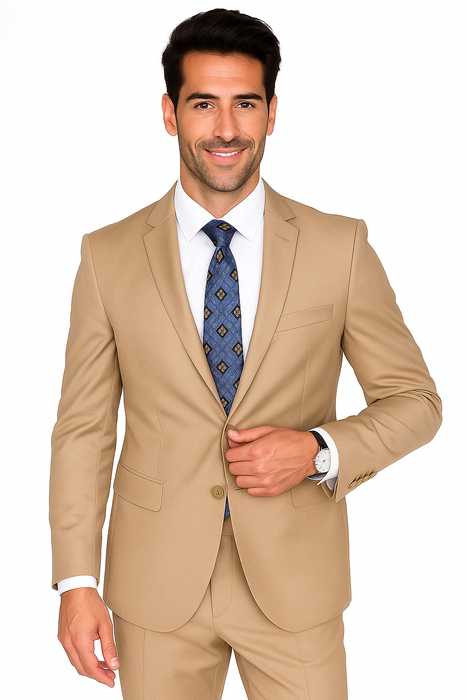 Mantoni Suit - Signature Menswear Wool Fabric SuitsOutlet -  Brand Men's Two Button  Solid Double Vent Camel Suit- High End Suits - High Quality Suits
