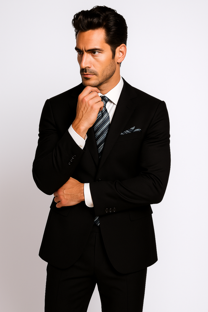 Mantoni Suit Brand 2 Button Solid Black Suit - High End Suits - High Quality Suits - Image 4