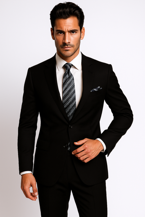 Mantoni Suit Brand 2 Button Solid Black Suit - High End Suits - High Quality Suits