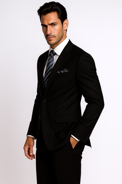 Mantoni Suit Brand 2 Button Solid Black Suit - High End Suits - High Quality Suits