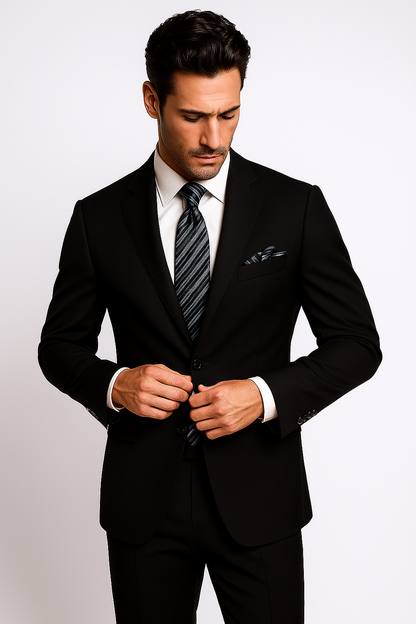 Mantoni Suit Brand 2 Button Solid Black Suit - High End Suits - High Quality Suits - Image 8