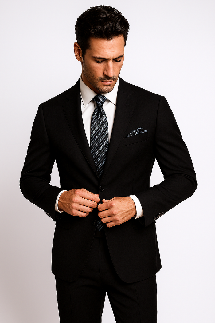Mantoni Suit Brand 2 Button Solid Black Suit - High End Suits - High Quality Suits - Image 8