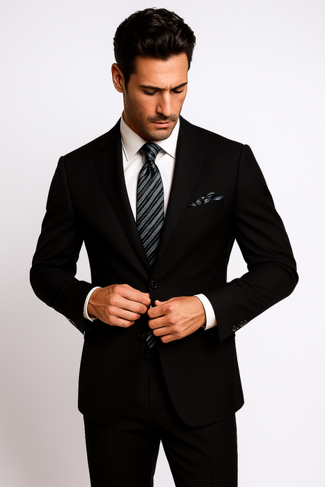 Mantoni Suit Brand 2 Button Solid Black Suit - High End Suits - High Quality Suits