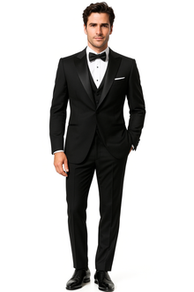 Mantoni Suit - Signature Menswear Wool Fabric SuitsOutlet - Brand Men's Peak Lapel 1 Button Solid Black Tuxedo Suit - High End Suits - High Quality Suits