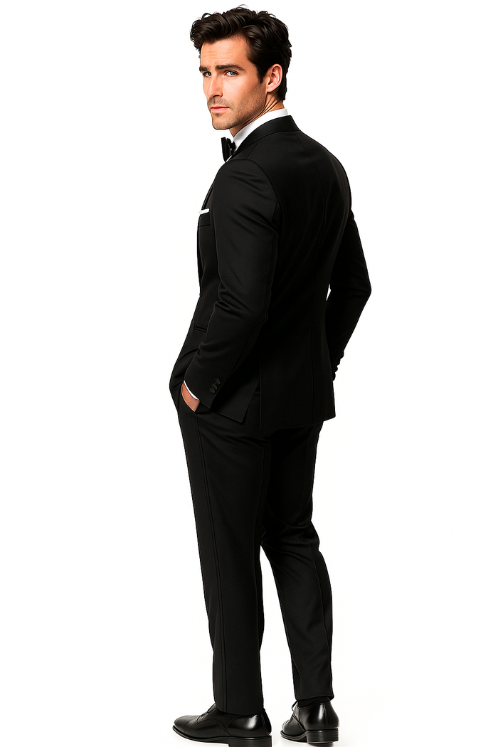 Mantoni Suit - Signature Menswear Wool Fabric SuitsOutlet - Brand Men's Peak Lapel 1 Button Solid Black Tuxedo Suit - High End Suits - High Quality Suits - Image 2