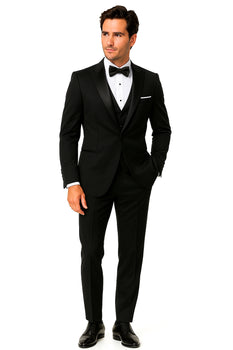 Mantoni Suit - Signature Menswear Wool Fabric SuitsOutlet - Brand Men's Peak Lapel 1 Button Solid Black Tuxedo Suit - High End Suits - High Quality Suits - Image 3