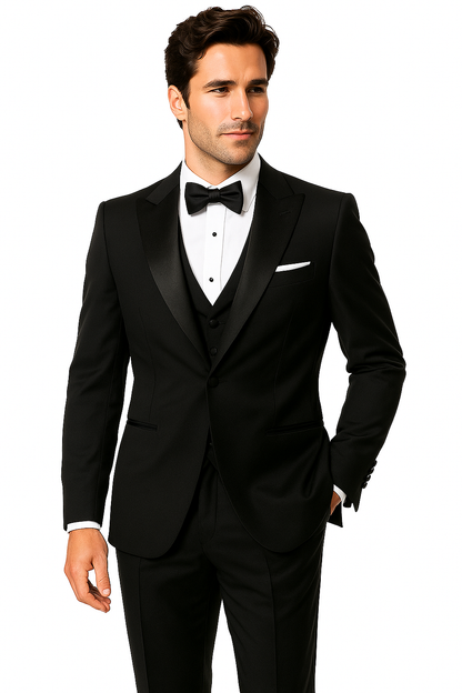 Mantoni Suit - Signature Menswear Wool Fabric SuitsOutlet - Brand Men's Peak Lapel 1 Button Solid Black Tuxedo Suit - High End Suits - High Quality Suits - Image 4