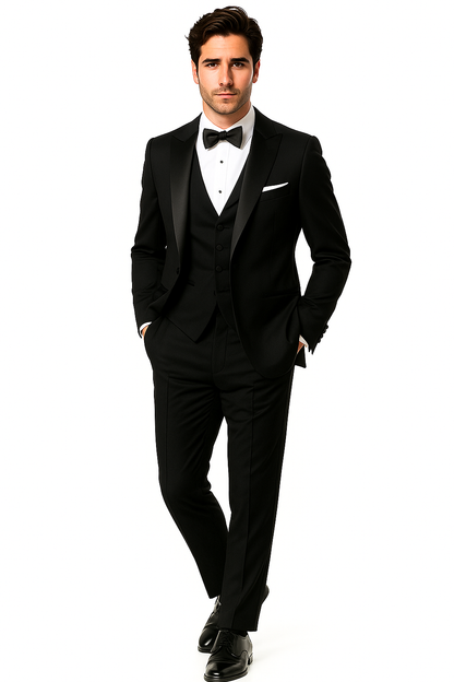 Mantoni Suit - Signature Menswear Wool Fabric SuitsOutlet - Brand Men's Peak Lapel 1 Button Solid Black Tuxedo Suit - High End Suits - High Quality Suits - Image 5