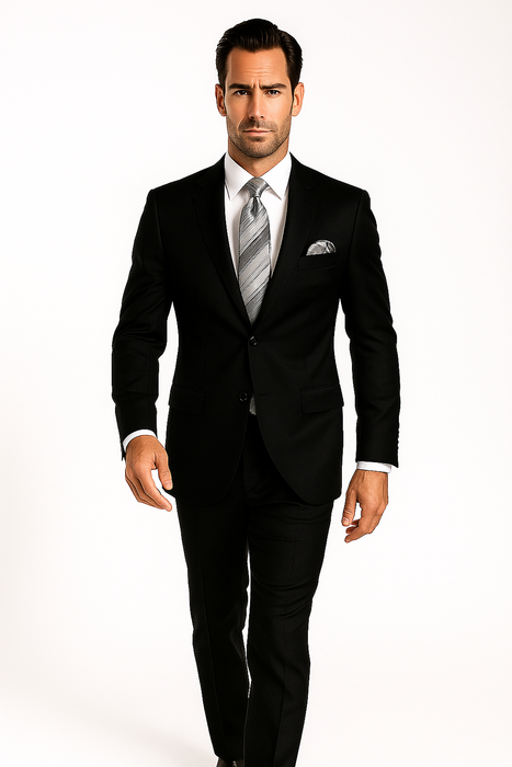 Mantoni Suit - Signature Menswear Wool Fabric SuitsOutlet - Brand Men's 2 Button Suit Black- High End Suits - High Quality Suits