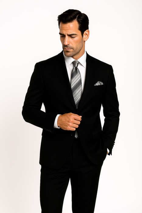 Mantoni Suit - Signature Menswear Wool Fabric SuitsOutlet - Brand Men's 2 Button Suit Black- High End Suits - High Quality Suits