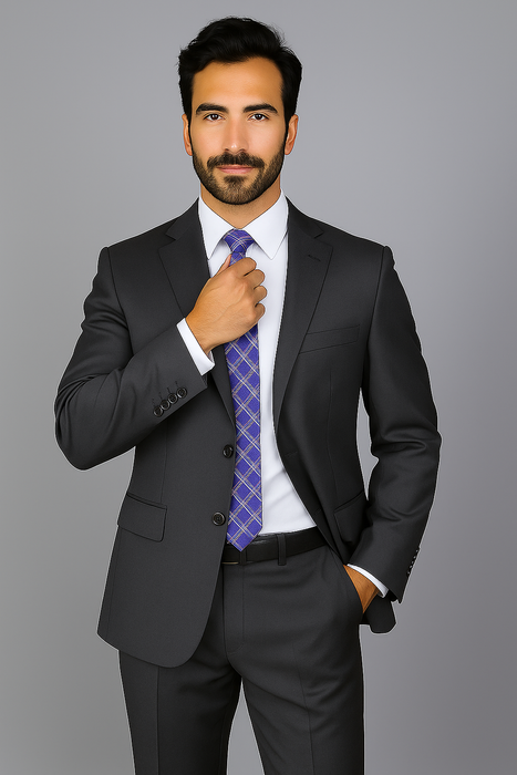 Men's Mantoni Suit - Signature Menswear Wool Fabric SuitsOutlet - Brand Charcoal Grey 2-button Suit  - High End Suits - High Quality Suits