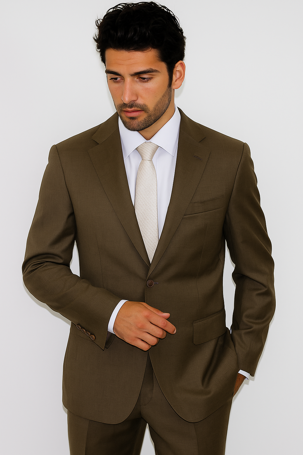 Men's Classic 2 Button Super 140's Suit in Taupe - Light Olive  Mantoni Brand - 100% Percent Wool Fabric Suit - Worsted Wool Business Suit - Image 4