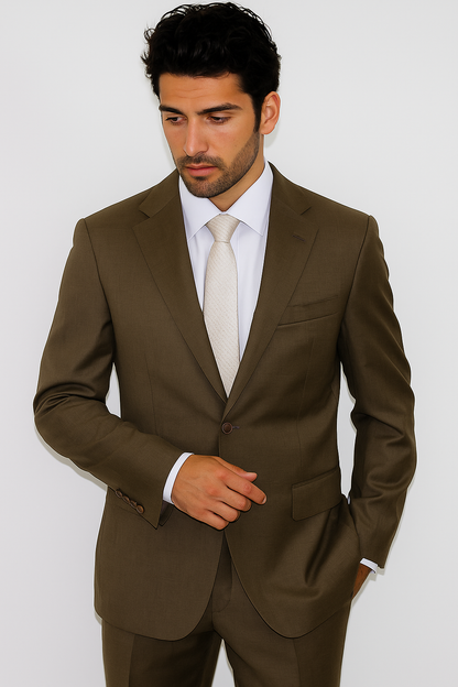Men's Classic 2 Button Super 140's Suit in Taupe - Light Olive  Mantoni Brand - 100% Percent Wool Fabric Suit - Worsted Wool Business Suit - Image 4