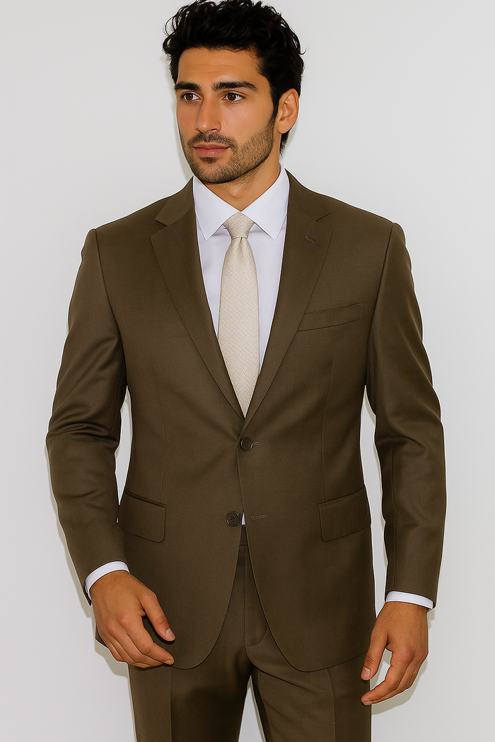 Men's Classic 2 Button Super 140's Suit in Taupe - Light Olive  Mantoni Brand - 100% Percent Wool Fabric Suit - Worsted Wool Business Suit - Image 6