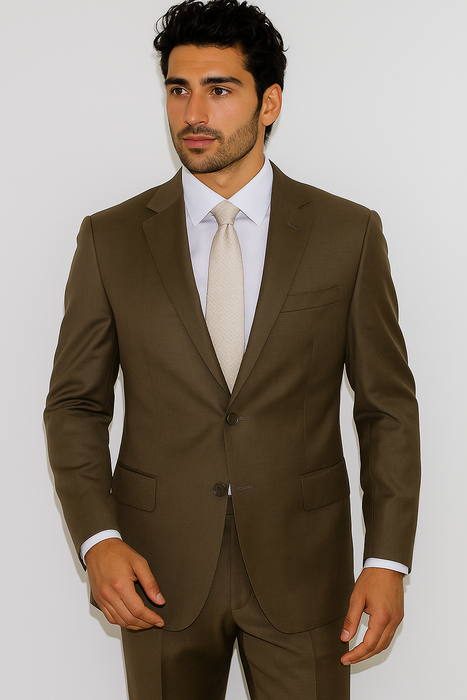 Men's Classic 2 Button Super 140's Suit in Taupe - Light Olive  Mantoni Brand - 100% Percent Wool Fabric Suit - Worsted Wool Business Suit