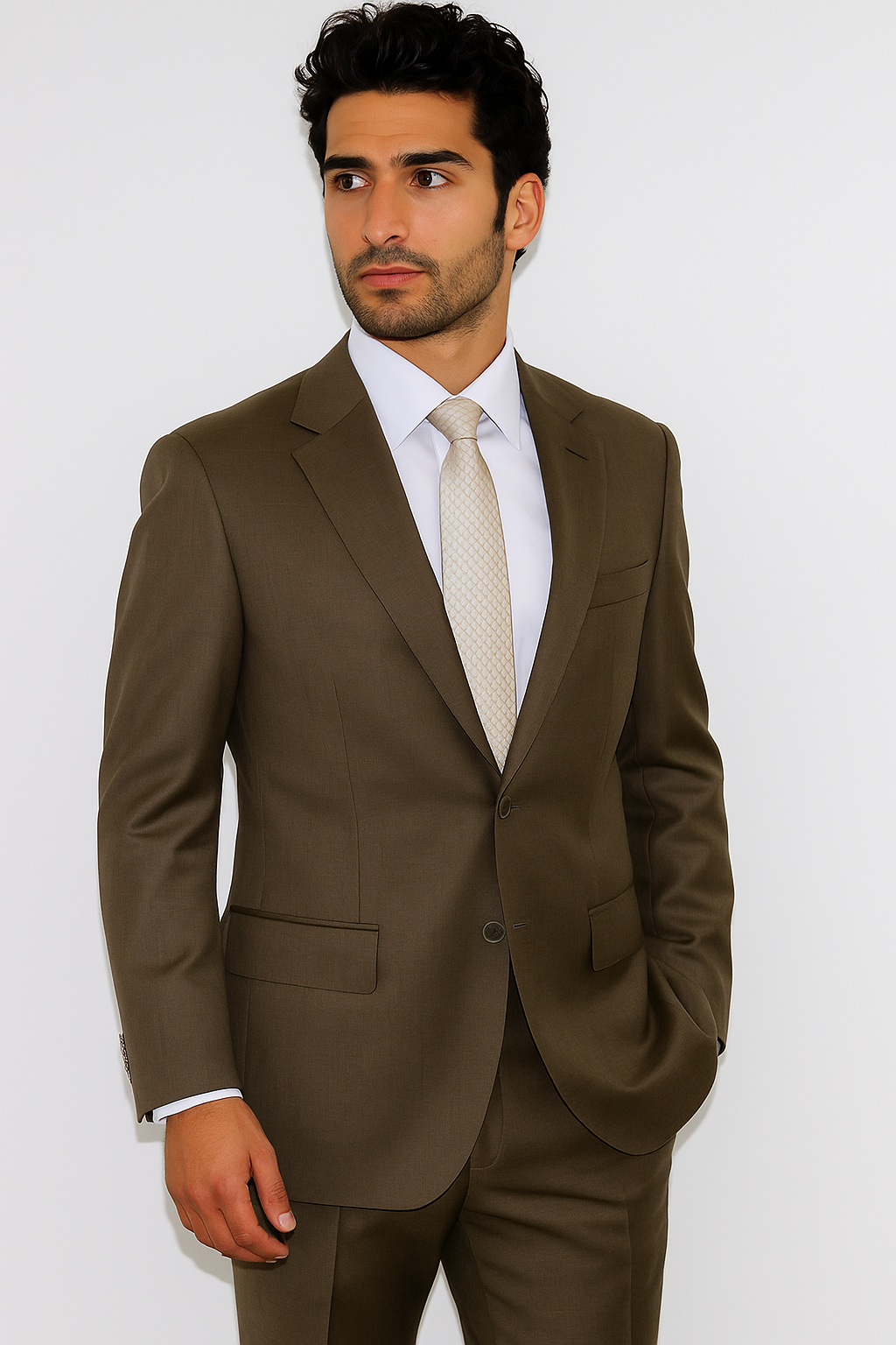 Men's Classic 2 Button Super 140's Suit in Taupe - Light Olive  Mantoni Brand - 100% Percent Wool Fabric Suit - Worsted Wool Business Suit - Image 8