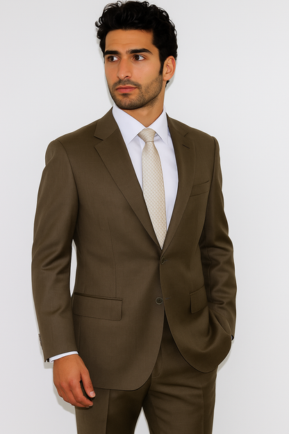 Men's Classic 2 Button Super 140's Suit in Taupe - Light Olive  Mantoni Brand - 100% Percent Wool Fabric Suit - Worsted Wool Business Suit - Image 8