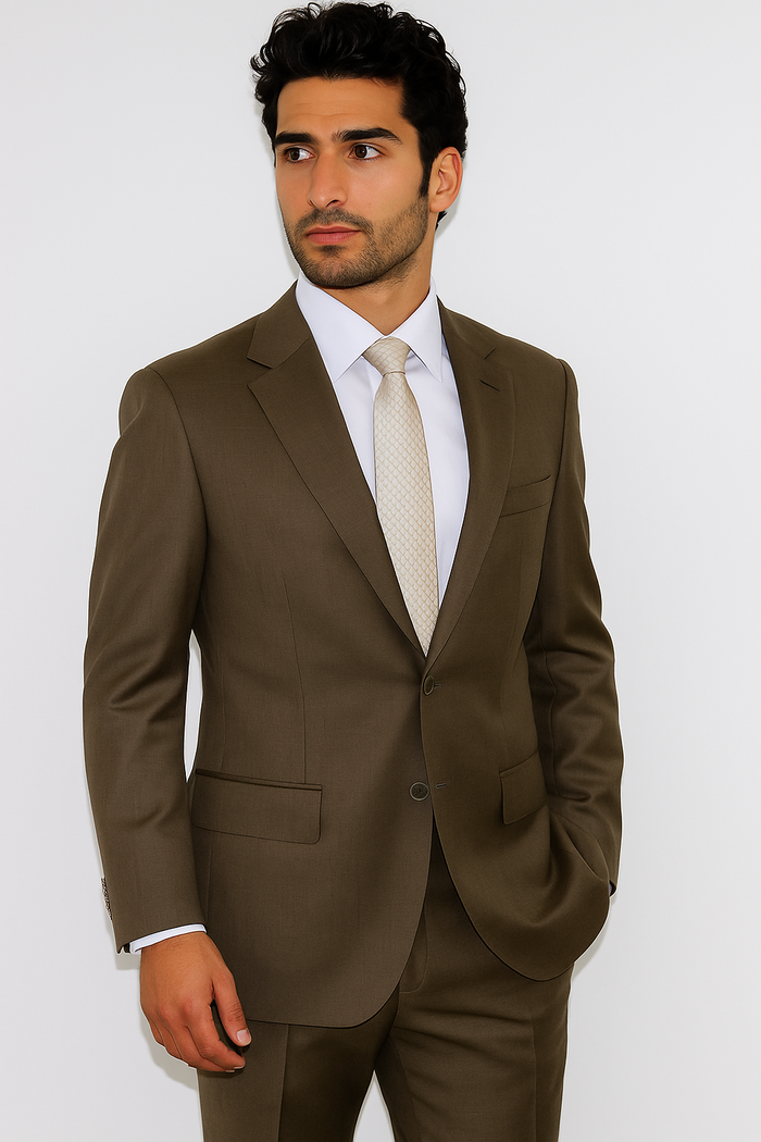 Men's Classic 2 Button Super 140's Suit in Taupe - Light Olive  Mantoni Brand - 100% Percent Wool Fabric Suit - Worsted Wool Business Suit - Image 8