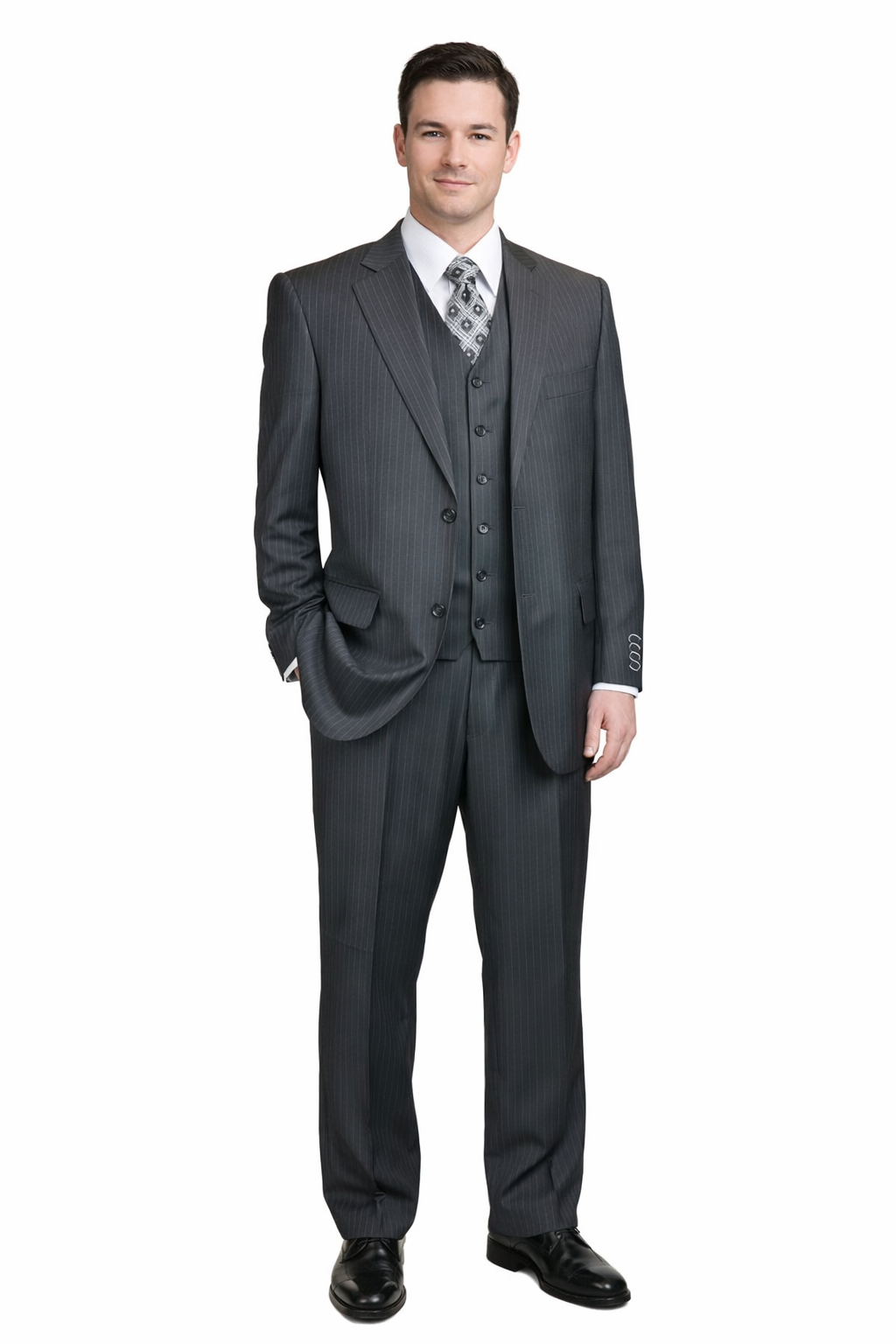 Men's Charcoal Pinstripe 3pc 2 Button Italian Designer Suit Charcoal Stripe Pin Stripe