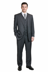Men's Charcoal Pinstripe 3pc 2 Button Italian Designer Suit Charcoal Stripe Pin Stripe