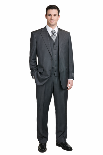 Men's Charcoal Pinstripe 3pc 2 Button Italian Designer Suit Charcoal Stripe Pin Stripe