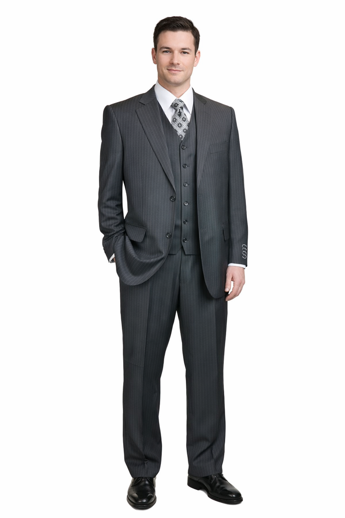 Men's Charcoal Pinstripe 3pc 2 Button Italian Designer Suit Charcoal Stripe Pin Stripe