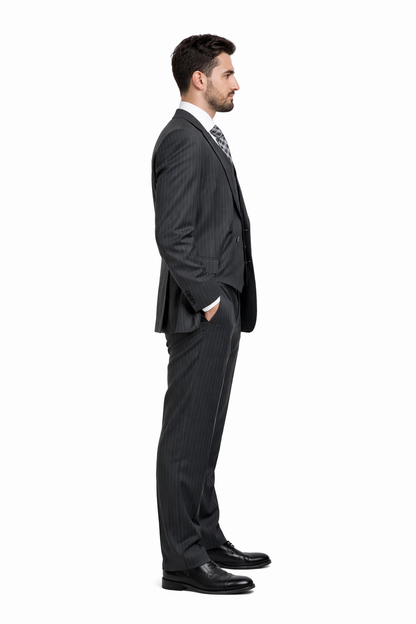 Men's Charcoal Pinstripe 3pc 2 Button Italian Designer Suit Charcoal Stripe Pin Stripe