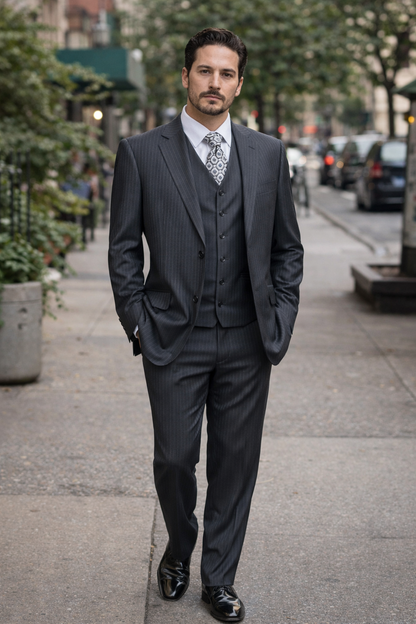 Men's Charcoal Pinstripe 3pc 2 Button Italian Designer Suit Charcoal Stripe Pin Stripe