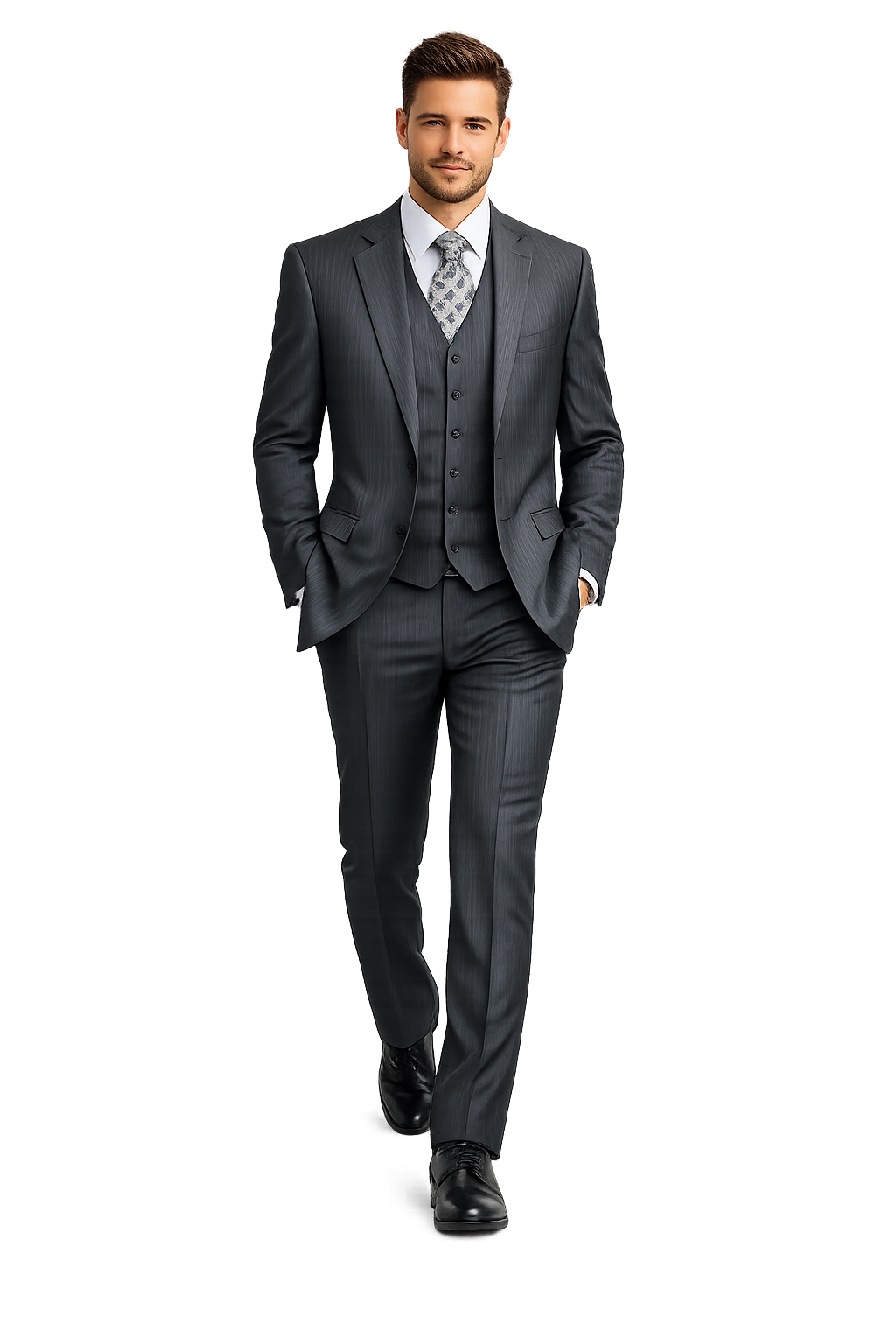 Men's Charcoal Pinstripe 3pc 2 Button Italian Designer Suit Charcoal Stripe Pin Stripe