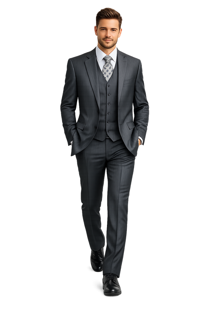 Men's Charcoal Pinstripe 3pc 2 Button Italian Designer Suit Charcoal Stripe Pin Stripe
