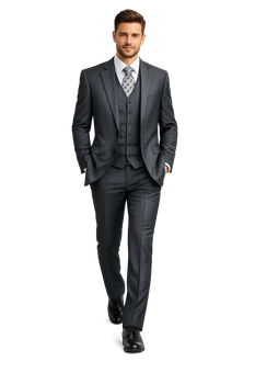 Men's Charcoal Pinstripe 3pc 2 Button Italian Designer Suit Charcoal Stripe Pin Stripe