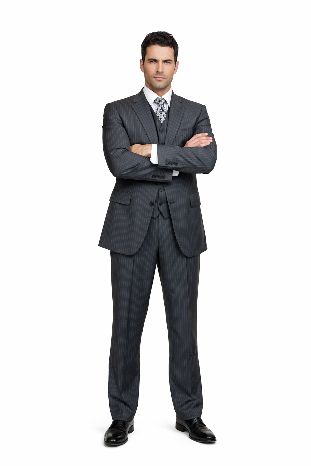 Men's Charcoal Pinstripe 3pc 2 Button Italian Designer Suit Charcoal Stripe Pin Stripe
