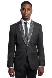 Mens Black Blazer - Men's One Button Slim Fit Dinner Jacket in Black with Monochromatic Leaf Pattern Lapel