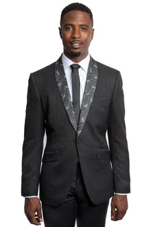 Mens Black Blazer - Men's One Button Slim Fit Dinner Jacket in Black with Monochromatic Leaf Pattern Lapel