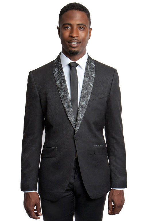 Mens Black Blazer - Men's One Button Slim Fit Dinner Jacket in Black with Monochromatic Leaf Pattern Lapel