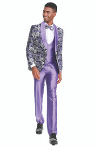 Graduation Suit - Men's Slim Fit One Button Vested Paisley Shawl Lapel Prom Tuxedo in Purple - Image 2