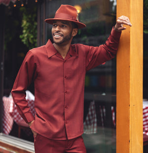 Cognac Tone-on-Tone Wave Texture Long Sleeve 2-Piece Walking Suit