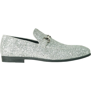 Bravo Mens Modern Glitter Sequin Prom Tuxedo Buckle Loafer in Silver Grey - Men's Dress Shoes