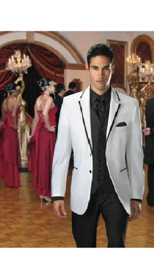 2 Button White Suit Or Fashion Tuxedo For Men & Blazer With Black Edge Trim