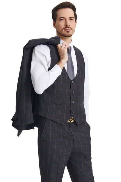 Men's Stacy Adams Peak Lapel Charcoal Grey Windowpane Plaid Suit with a Scoop Neck Vest - Image 4